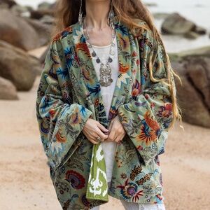Zinnia Pearl light green bohemian floral velvet kimono cardigan